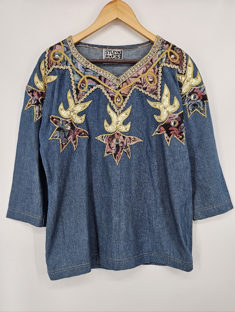 Vintage Studio Blues Denim Embellished Applique Top L Made USA Artsy 90s